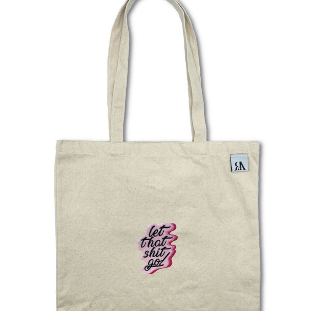 Let That Shit Go Pink Embroidered Tote Bag - Beige